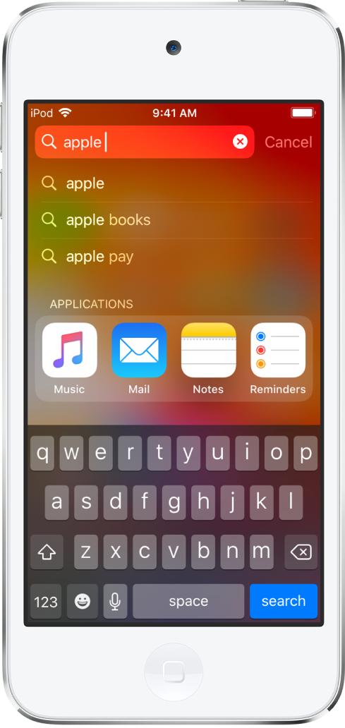 Ein Bildschirm mit einer Suche auf dem iPod touch. Oben ist das Suchfeld mit dem Suchbegriff „apple“ zu sehen, darunter sind die Suchergebnisse zu sehen, die den gesuchten Begriff enthalten.