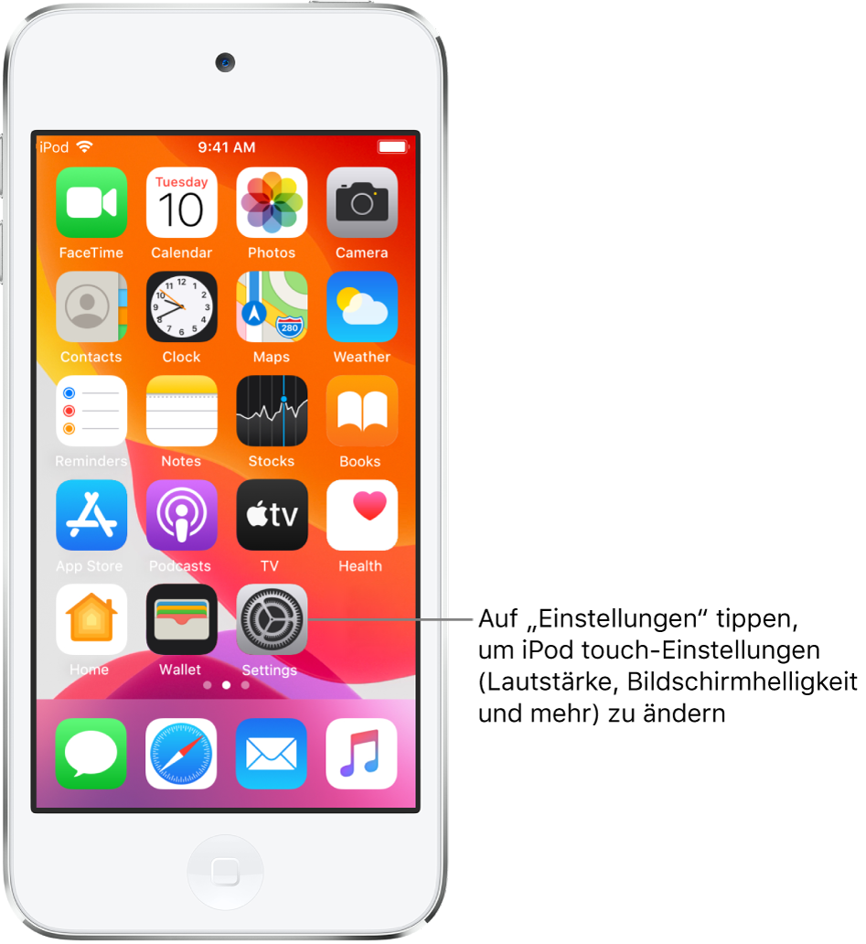 Der Home-Bildschirm mit mehreren Symbolen, unter anderem mit dem Symbol der App „Einstellungen“, in der du Einstellungen wie die Lautstärke und die Bildschirmhelligkeit für den iPod touch ändern kannst.