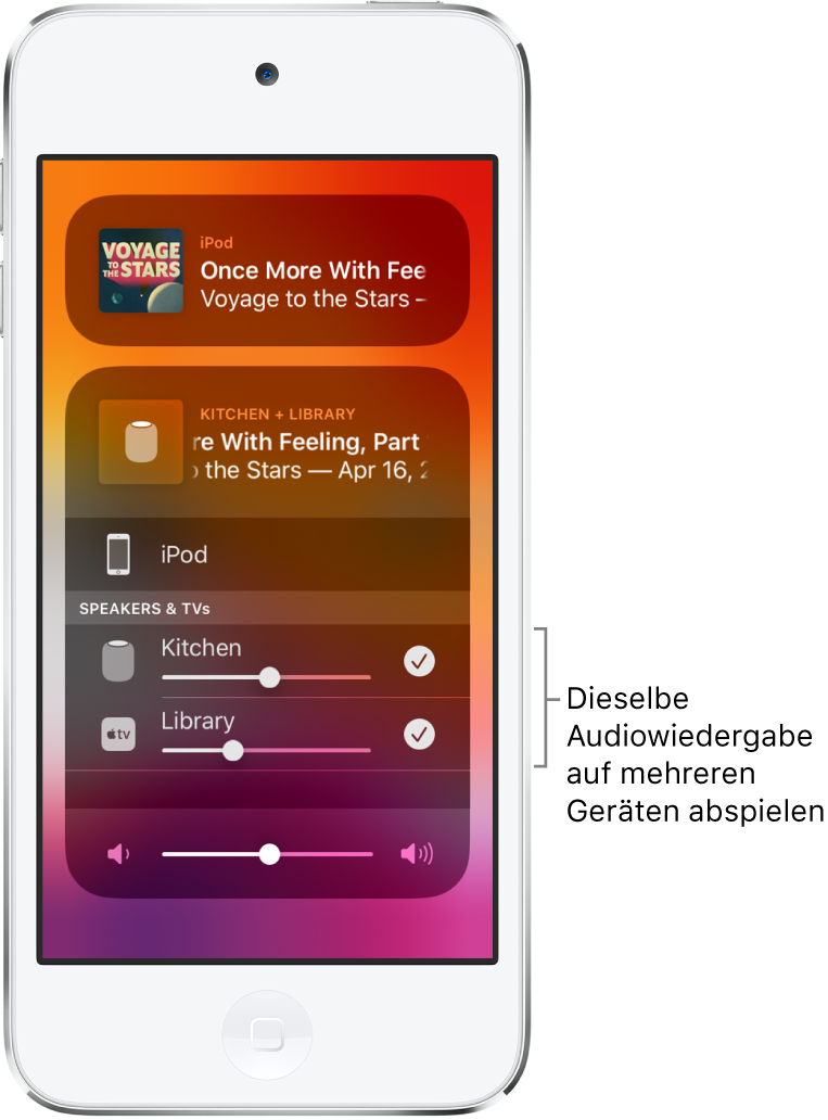 Der iPod touch-Bildschirm zeigt HomePod und Apple TV als ausgewählte Audioziele.