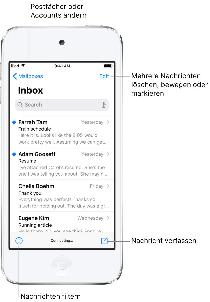 Der Posteingang mit einer Liste von E-Mail-Nachrichten. In der Ecke oben links befindet sich die Taste „Postfächer“ für den Wechsel zu einem anderen Postfach. In der Ecke oben rechts befindet sich die Taste „Bearbeiten“ zum Löschen, Bewegen und Markieren von E-Mails. In der Ecke unten links befindet sich die Taste zum Filtern von E-Mails, sodass nur bestimmte E-Mails angezeigt werden. In der Ecke unten rechts befindet sich die Taste zum Erstellen einer neuen E-Mail.