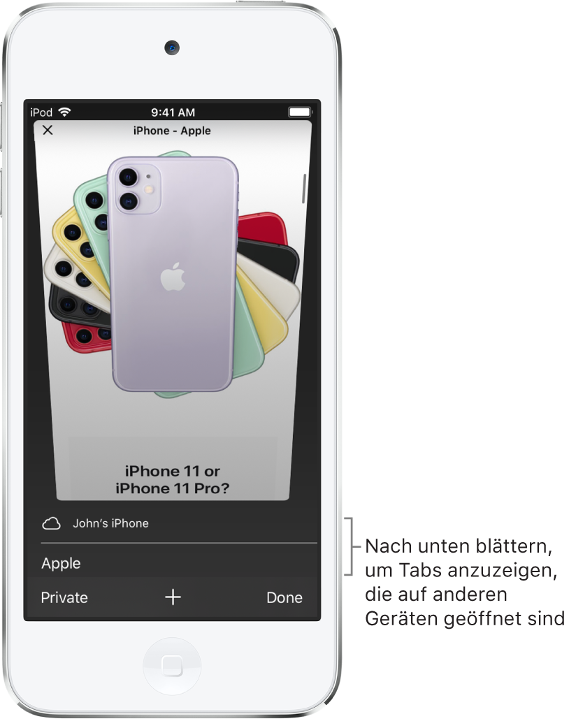 Ein Bildschirm mit den auf diesem Gerät geöffneten Tabs und der Liste der auf anderen Geräten geöffneten Tabs darunter.