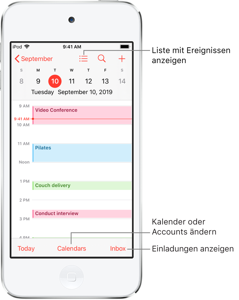 Ein Kalender in der Tagesansicht mit den Ereignissen des Tags. Tippe unten auf dem Bildschirm auf „Kalender“, um Kalenderaccounts zu ändern. Tippe unten rechts auf die Taste „Eingang“, um Einladungen anzuzeigen.