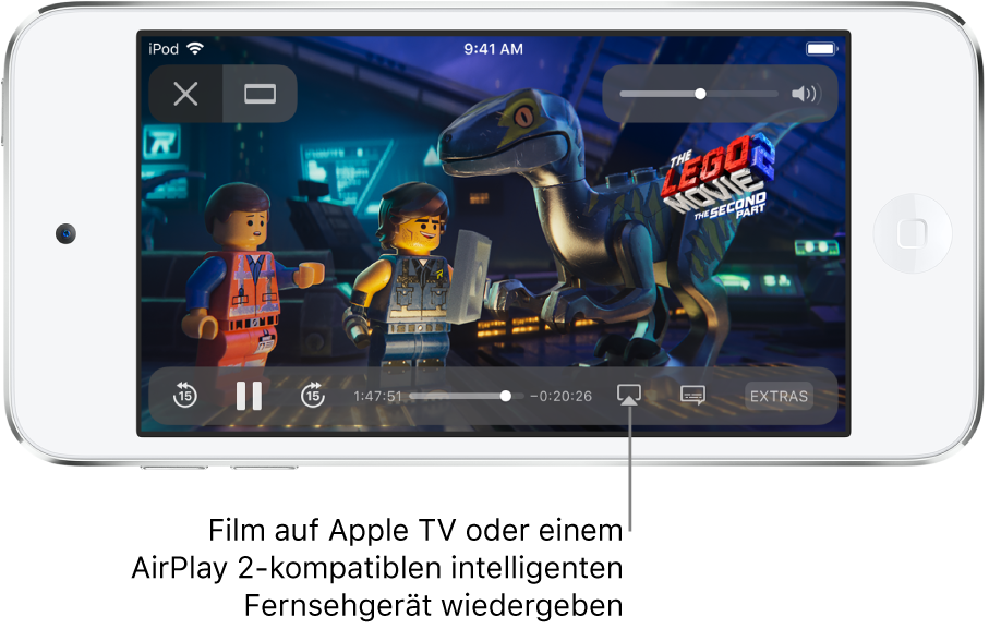 Auf dem iPod touch-Bildschirm wird ein Film wiedergegeben. Unten auf dem Bildschirm befinden sich die Steuerelemente für die Wiedergabe, einschließlich der Taste „Bildschirmsynchronisierung“ unten rechts.