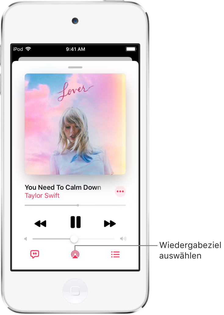 Die Steuerelemente für die Wiedergabe auf dem Bildschirm „Jetzt läuft“ für die App „Musik“, einschließlich der Taste „Wiedergabeziel“ unten auf dem Bildschirm.