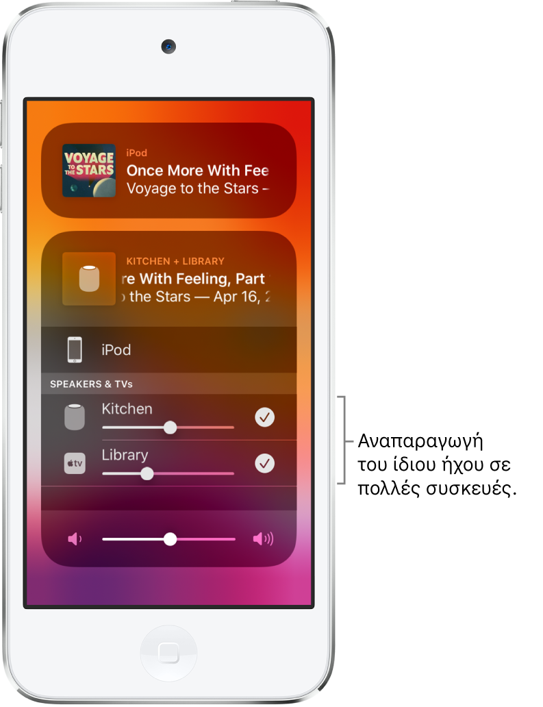 Η οθόνη του iPod touch όπου εμφανίζονται το HomePod και το Apple TV ως επιλεγμένοι προορισμοί ήχου.