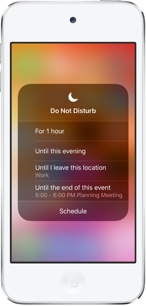 Η οθόνη για επιλογή του χρόνου ενεργοποίησης του «Μην ενοχλείτε»—οι επιλογές είναι «Για 1 ώρα», «Μέχρι απόψε», «Μέχρι να φύγω από αυτήν την τοποθεσία» και «Μέχρι τη λήξη αυτού του γεγονότος».