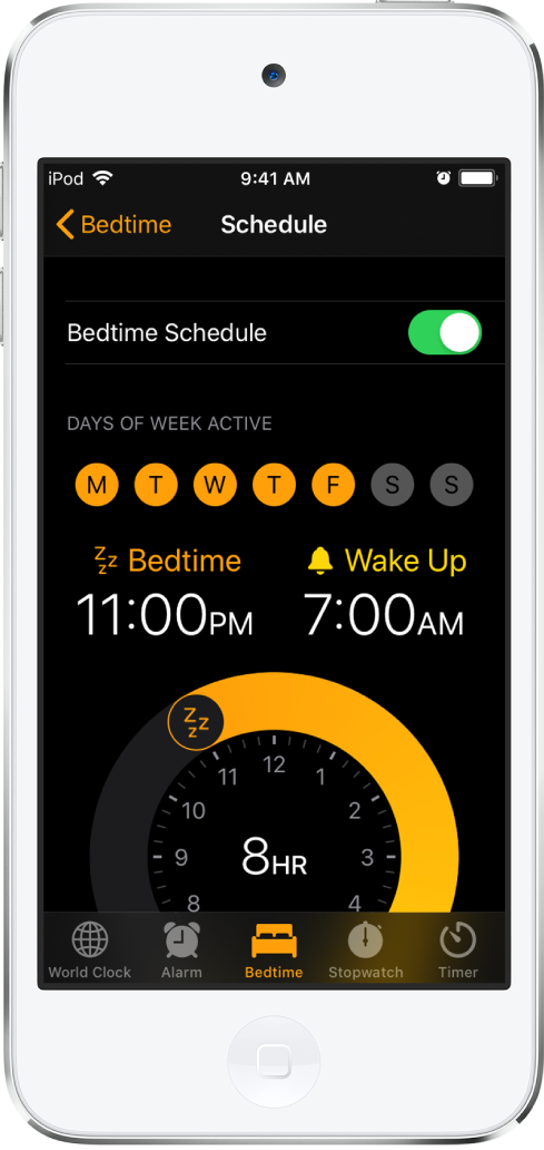 The Bedtime screen, showing the sleep time starting at 11 p.m. and a wake time of 7 a.m.