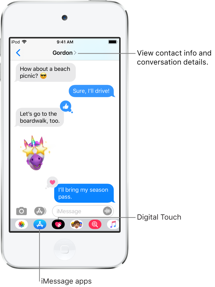 A Messages conversation. Along the top, from left to right, are the Back button and the name of the person you’re messaging. At the center are the messages sent and received during the conversation. Along the bottom, from left to right, are the Photos, Stores, Hashtag Images, Music, Digital Touch, and iMessage app buttons.