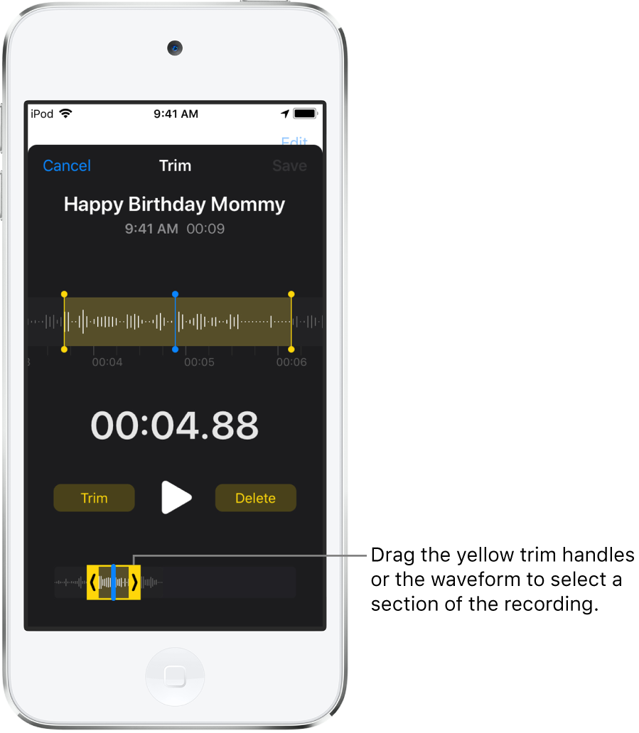 The recording being trimmed with the trim handles enclosing a portion of the audio waveform at the bottom of the screen. A Play button and a recording timer appear above the waveform. The trim handles are below the Play button.