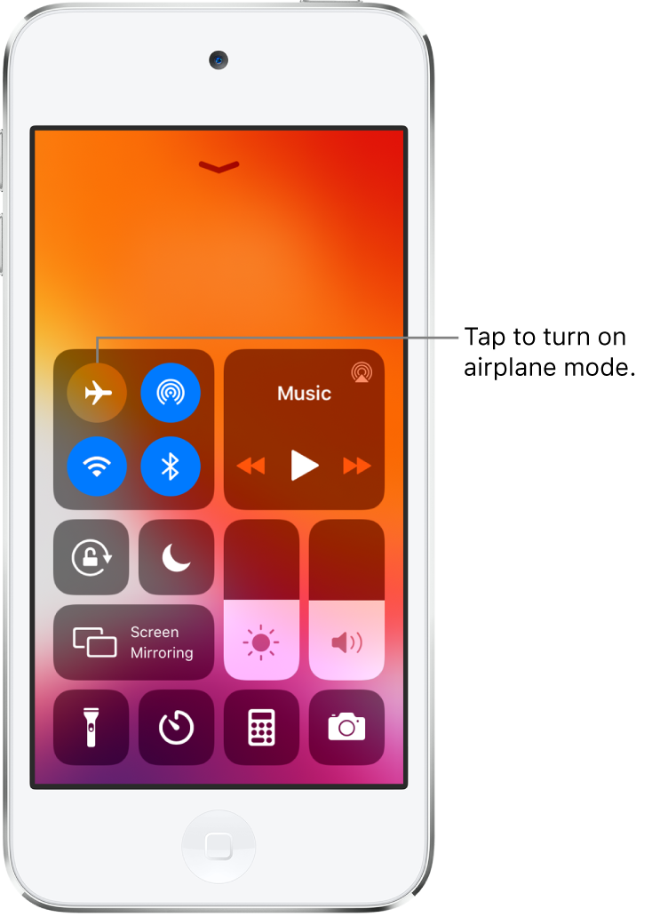 A screen with Control Center with a callout explaining that tapping the top-left button turns on airplane mode.