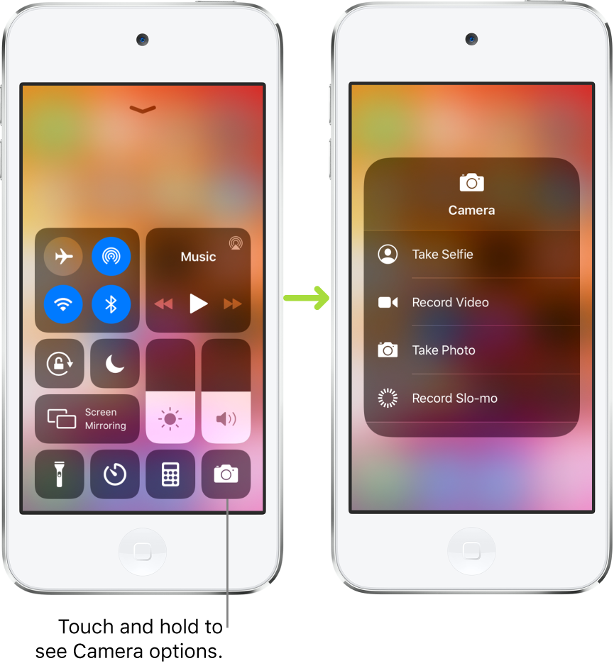 Two Control Center screens side-by-side—the one on the left shows controls for airplane mode, cellular data, Wi-Fi, and Bluetooth in the top-left group, and has a callout that says to touch and hold the Camera icon at the bottom right to see the Camera options. The screen on the right shows the additional options for Camera: Take Selfie, Record Video, Take Photo, and Record Slo-mo.