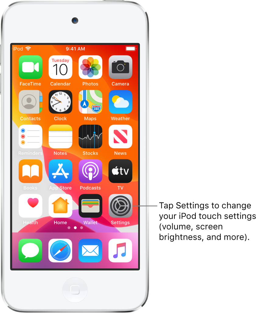 The Home screen with several icons, including the Settings icon, which you can tap to change your iPod touch sound volume, screen brightness, and more.