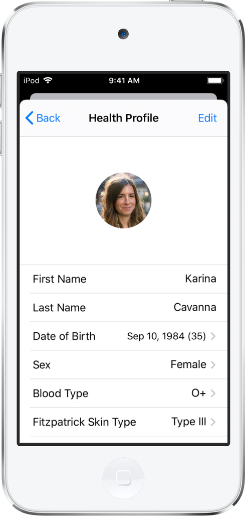 The Health Profile screen for a 35-year old female with O+ blood type.