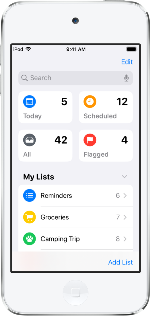 A screen showing several lists in Reminders. Smart lists appear at the top for reminders due today, scheduled reminders, and flagged reminders. The Add List button is at the bottom right.