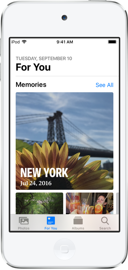The For You tab populated with a collection of different memories. Each memory has a cover photo, a title, and a subtitle. Underneath the For You header in the top right is a See All button, which shows you all your memories.
