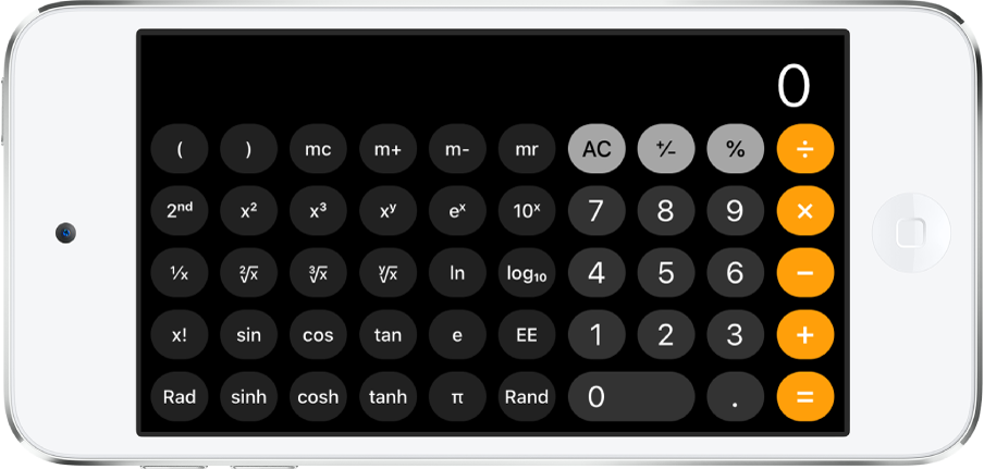iPod touch in landscape orientation showing the scientific calculator with exponential, logarithmic, and trigonometric functions.