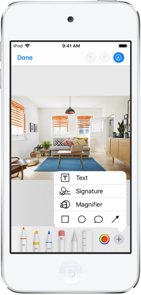 A photo is marked up with orange lines to indicate window blinds over windows. Drawing tools and the color picker appear at the bottom of the screen. A menu with choices for adding text, a signature, a magnifier, and shapes appears in the lower-right corner.