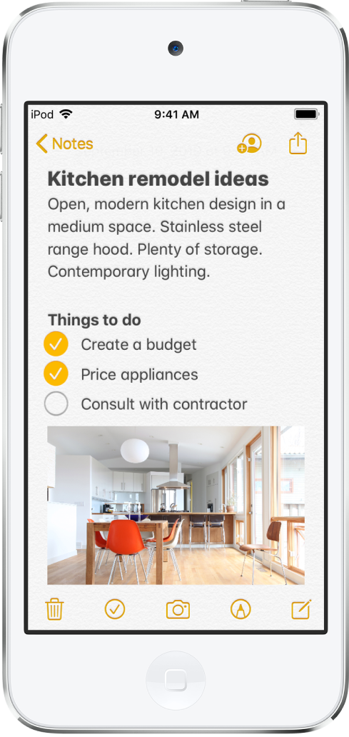 A note showing text for kitchen remodeling ideas and a to-do checklist. There are buttons to collaborate with other people on the note and to share the note. There are buttons at the bottom to delete the note, add a checklist, add a photo or scan a document, show handwriting tools, and create a new note.