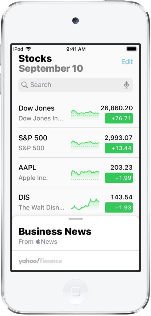 A watchlist showing a list of different stocks. Each stock in the list displays, from left to right, the stock symbol and name, a performance chart, the stock price, and price change. At the top of the screen, above the watchlist, is the search field. Below the watchlist is Business News. Swipe up on Business News to display stories.