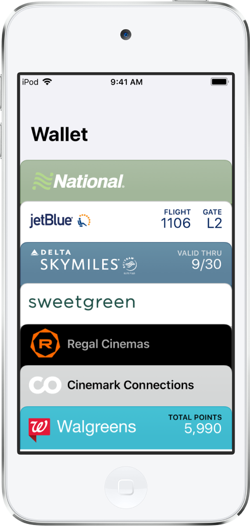 The Wallet screen, showing the tops of several passes. Tap a pass to view the details.