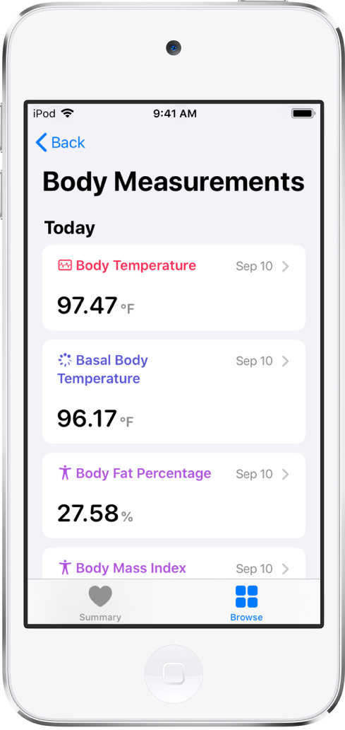 A details screen for the Body Measurements category.