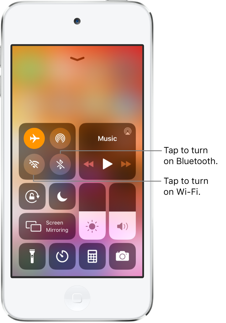 Control Center with airplane mode on, with callouts explaining that tapping the bottom-left button in the top-left group of controls turns on Wi-Fi and tapping the bottom-right button in that group turns on Bluetooth.