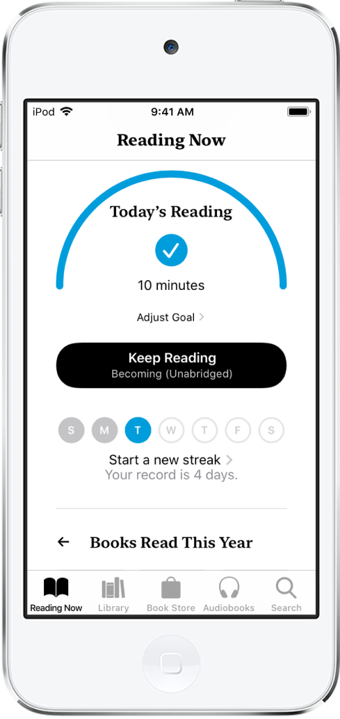 The Reading Goals section in Reading Now. The reading counter shows that 6 minutes of a 10-minute goal have been completed. Below the counter is a Keep Reading button, and circles that show the days of the week, Sunday through Saturday. The circle for Tuesday contains a blue outline that shows the progress for that day.