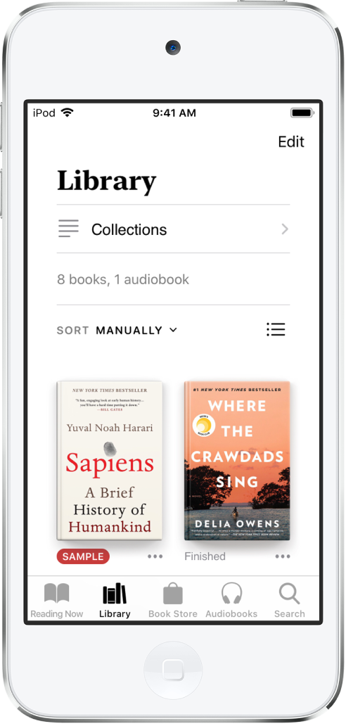 The Library screen in the Books app. At the top of the screen is the Collections button and sorting options. The sort option Manually is selected. In the middle of the screen are covers of books in the library. At the bottom of the screen are, from left to right, the Reading Now, Library, Book Store, Audiobooks, and Search tabs.