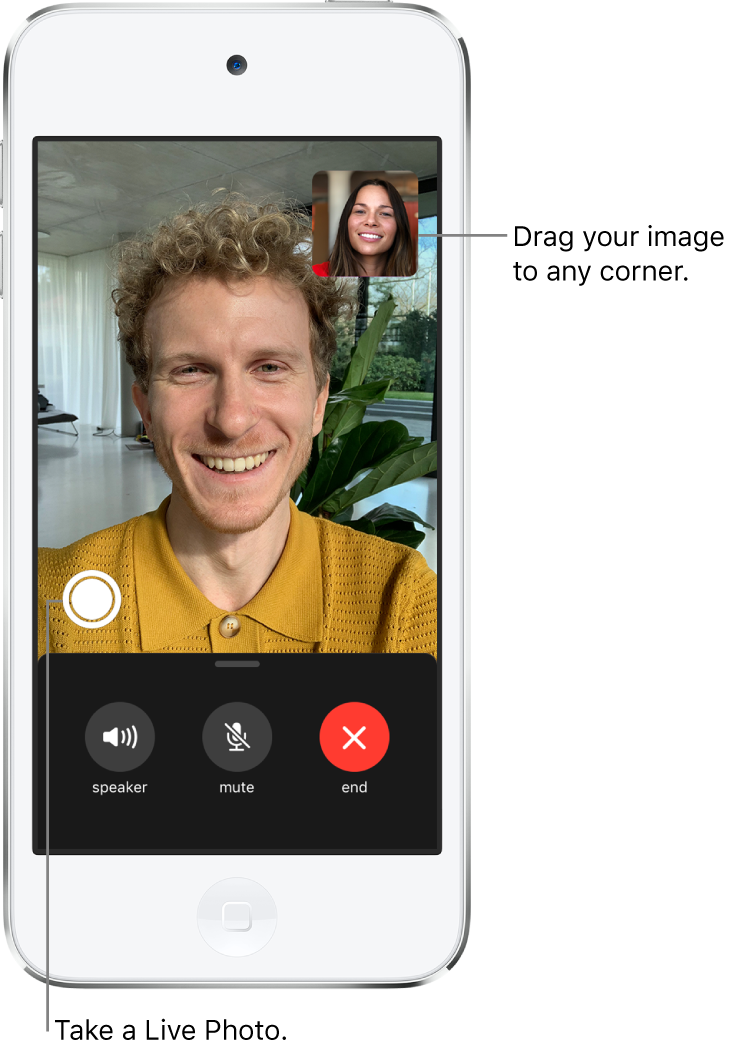 The FaceTime screen showing a call in progress. Your image appears in a small rectangle in the upper right, and the image of the other person fills the rest of the screen. Across the bottom of the screen are the Speaker, Mute, and End buttons.