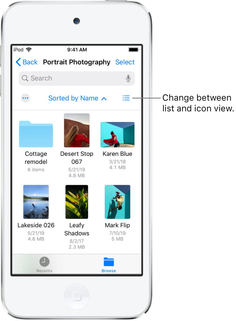 An iCloud Drive location for Photography files. The items are sorted by name and consist of a folder called Cottage remodel and six documents: Desert Stop, Karen Blue, Lakeside, Leafy Shadows, Mark Flip, and Susan Green. A button to change between list and icon view appears near the upper right.