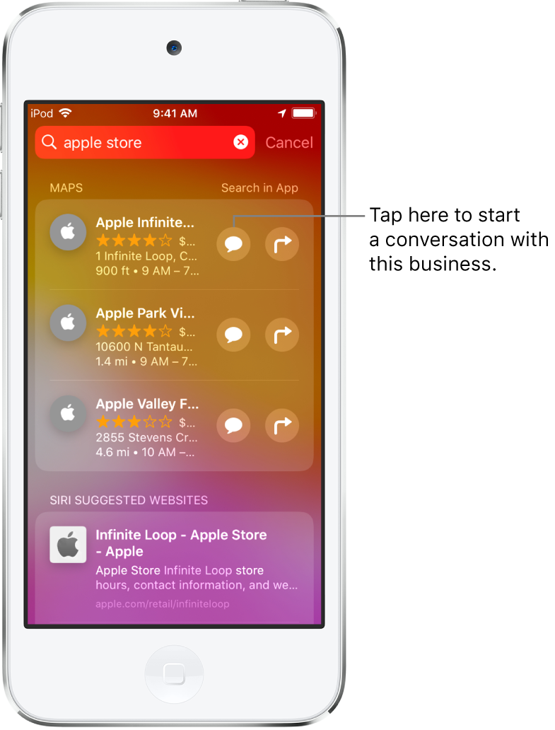 The Search screen showing found items for Apple Store in Maps, App Store, and Websites. Each item shows a brief description, rating, or address. The first item shows a button to tap to start a business chat with the Apple Store.