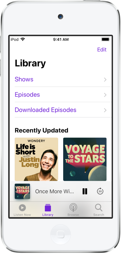 The Library tab showing recently updated podcasts.