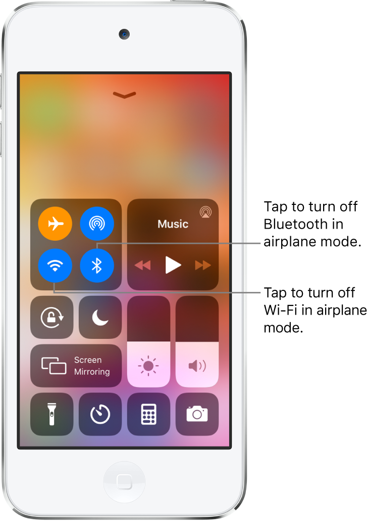 Control Center with airplane mode on, with callouts explaining that tapping the bottom-left button in the top-left group of controls turns off Wi-Fi and tapping the bottom-right button in that group turns off Bluetooth.