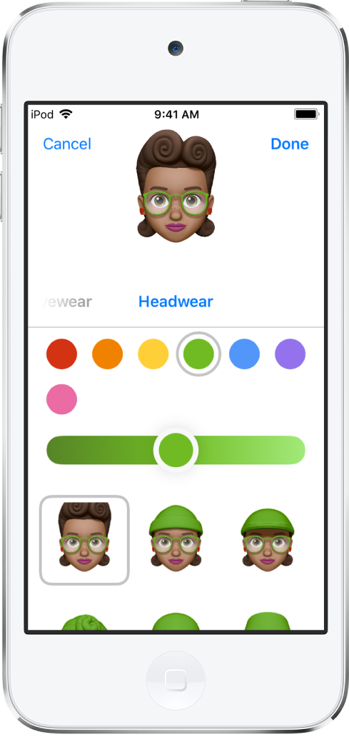 The create Memoji screen, showing the character being created at the top, features to customize below the character, and options for the selected feature at the bottom of the screen. The Done button is at the top right and the Cancel button is at the top left.