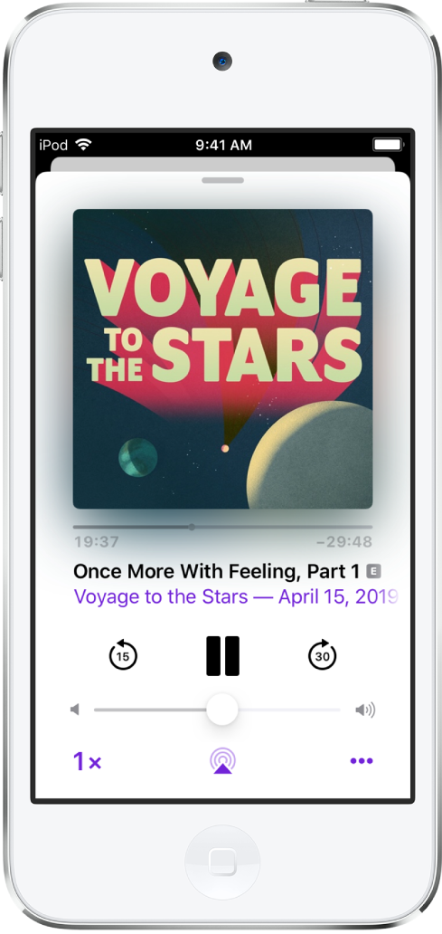 The playback controls on the Now Playing screen. Below the podcast artwork, drag the track position slider to rewind or move ahead. Below the episode title, there are buttons to rewind, play or pause, and fast forward. Below those is the volume control. In the bottom-left corner is the control for changing the playback speed. In the bottom-right corner is the More button.