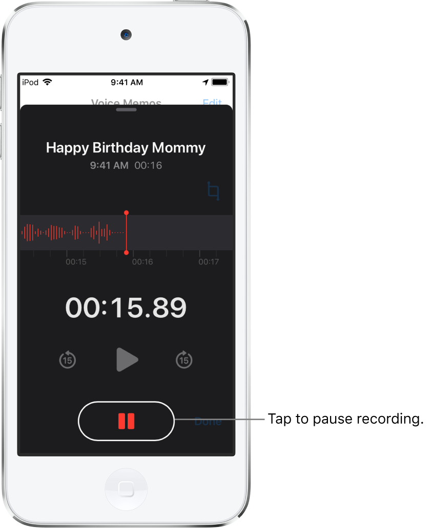 The Voice Memos screen showing a recording in progress, with an active Pause button and dimmed controls for playing, skipping forward 15 seconds, and skipping backward 15 seconds. The main part of the screen shows the waveform of the recording that’s in progress, along with a time indicator.
