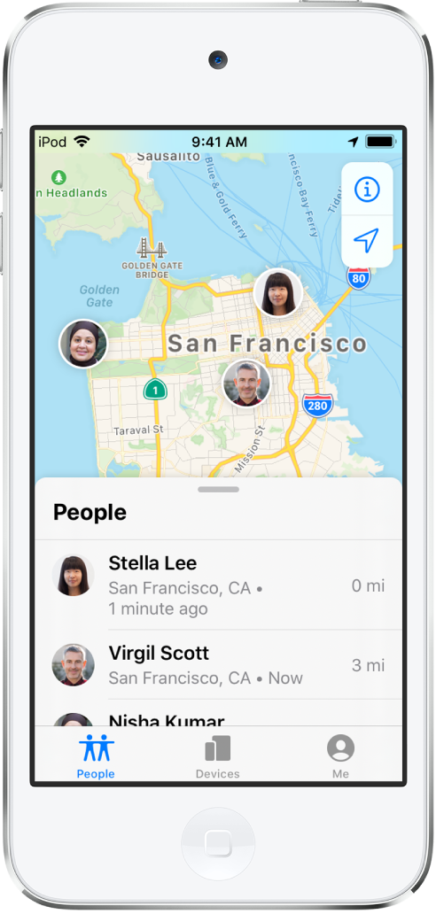 There are three friends in the People list: Virgil Scott, Stella Lee, and Nisha Kumar. Their locations are shown on a map of San Francisco.