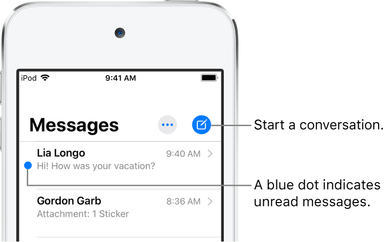 The Messages list, with the Edit button at the top left and the Compose button at the top right. A blue dot to the left of a message indicates it’s unread.