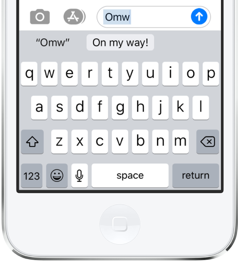 A message with the text shortcut OMW typed and “On my way!” suggested below as replacement text.