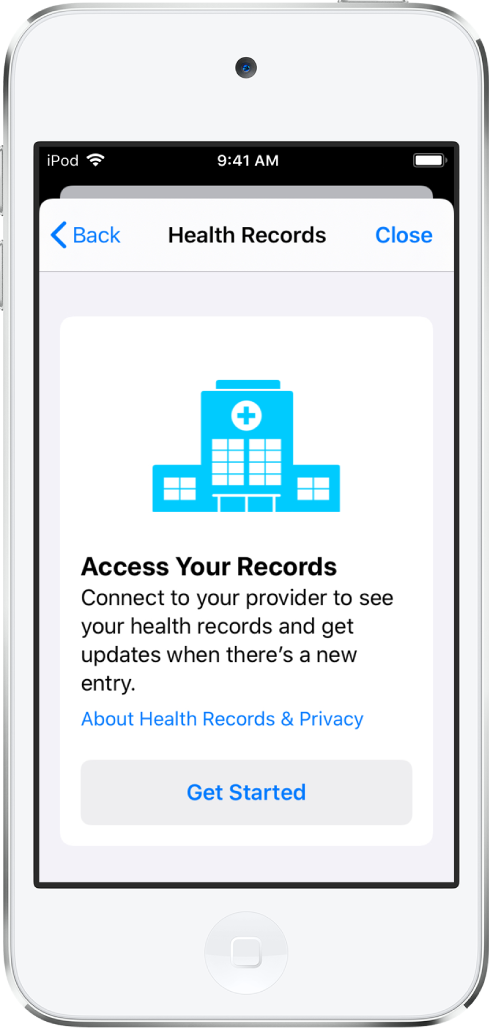 The Get Started screen for setting up health record downloads.