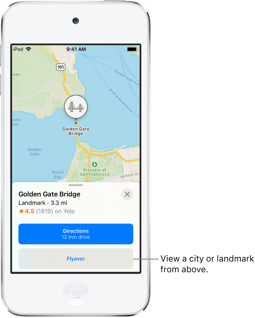 An information card for the Golden Gate Bridge shows a Flyover button below a Directions button.