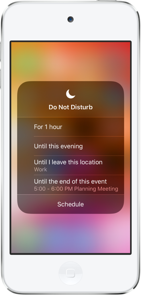 The screen for choosing how long to leave Do Not Disturb on—the options are For 1 hour, Until this evening, Until I leave this location, and Until the end of this event.