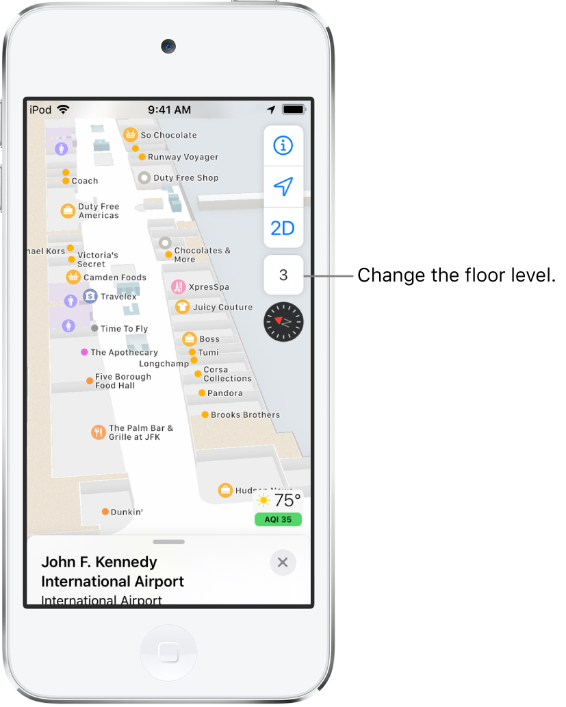 An indoor map of an airport terminal. The map shows businesses and restrooms.