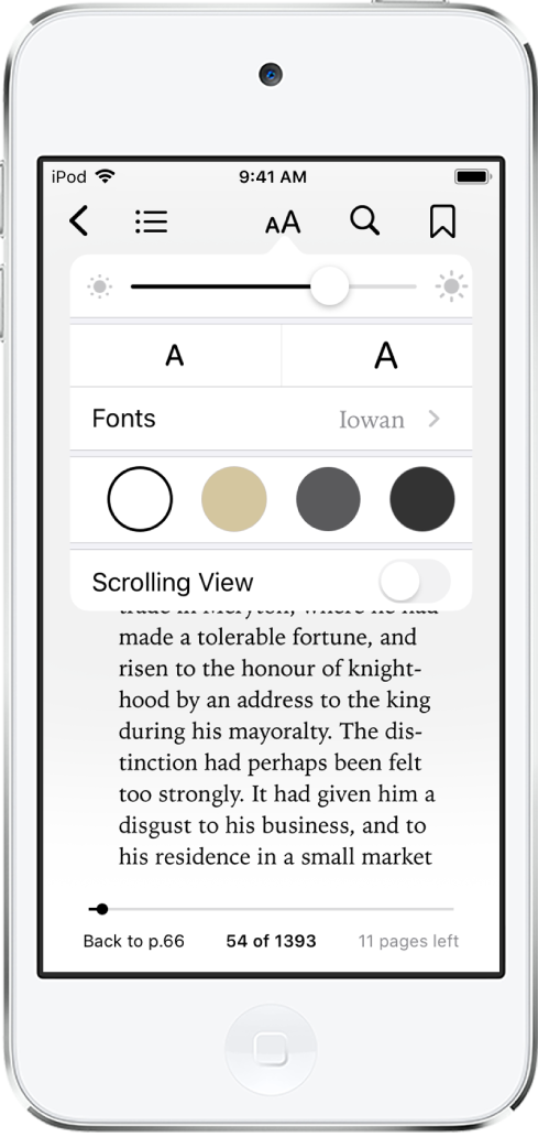 The appearance menu showing controls for, from top to bottom, brightness, font size, font, page color, and scrolling view.