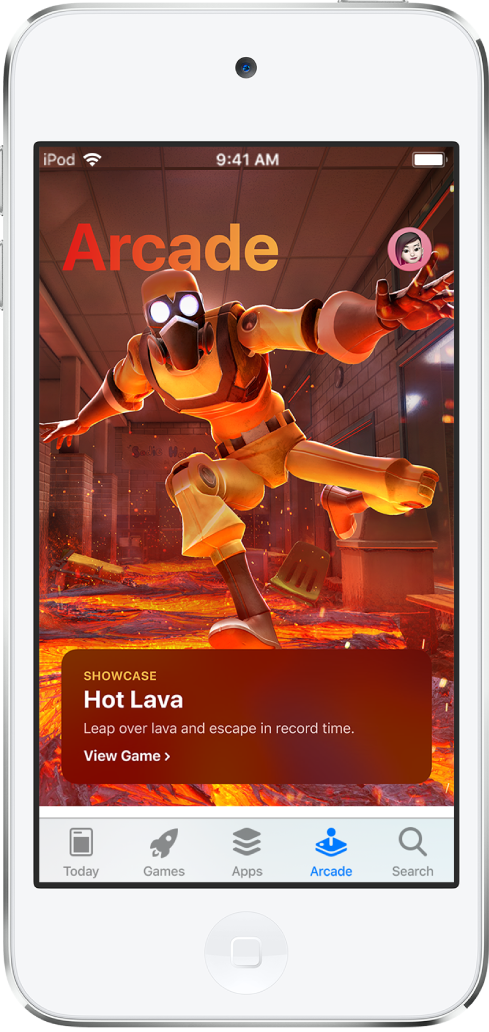 The Arcade screen of the App Store showing a featured game. Your profile picture, which you tap to view purchases and manage subscriptions, is in the top right. Along the bottom, from left to right, are the Today, Games, Apps, Arcade, and Search tabs.