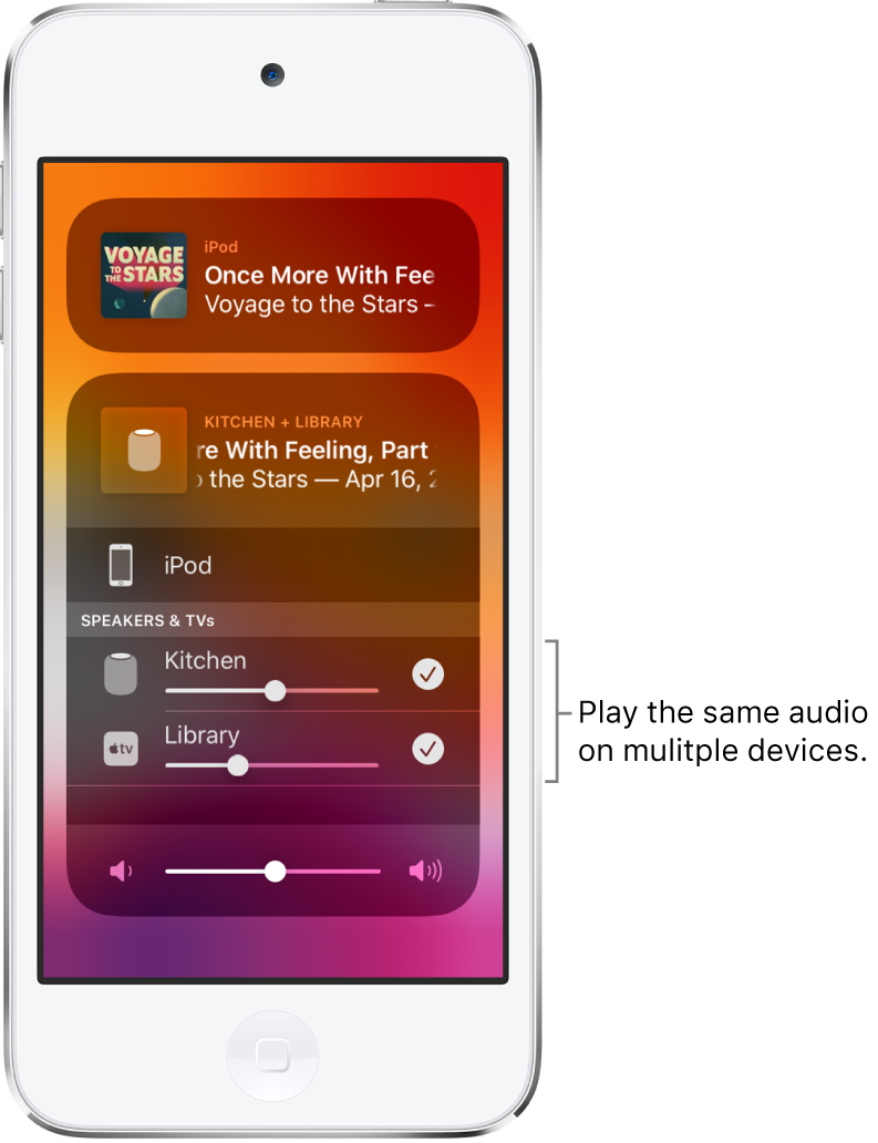 The iPod touch screen showing HomePod and Apple TV as selected audio destinations.
