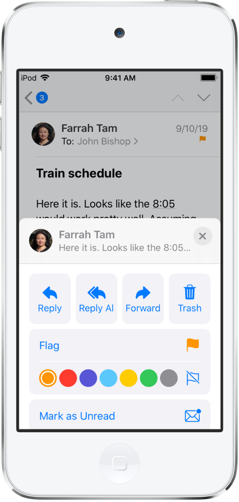 An email showing reply options underneath. Below those options are the color choices for flags.