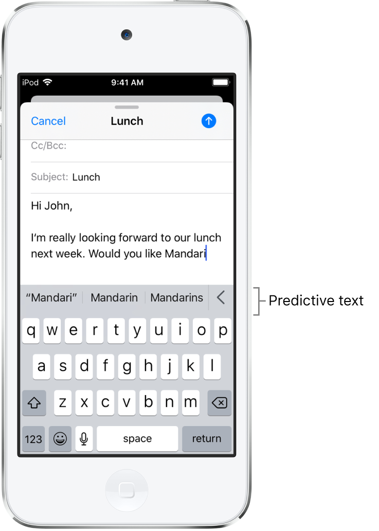 A Mail message showing the first few words of a new message, with suggestions for completing the next word.