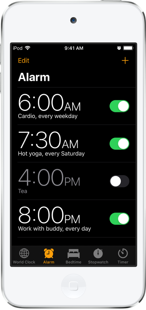 The Alarm tab, showing four alarms set for various times.