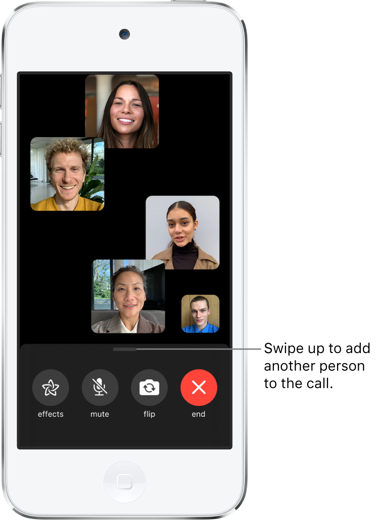 A group FaceTime call with five participants, including the originator. Each participant appears in a separate tile. The controls at the bottom of the screen are effects, mute, flip, and end.